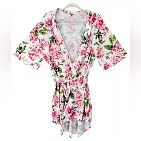 Show Me Your Mumu Brie Robe One Size Floral White Pink Wrap Scoop Kimono Belt - Picture 2 of 9